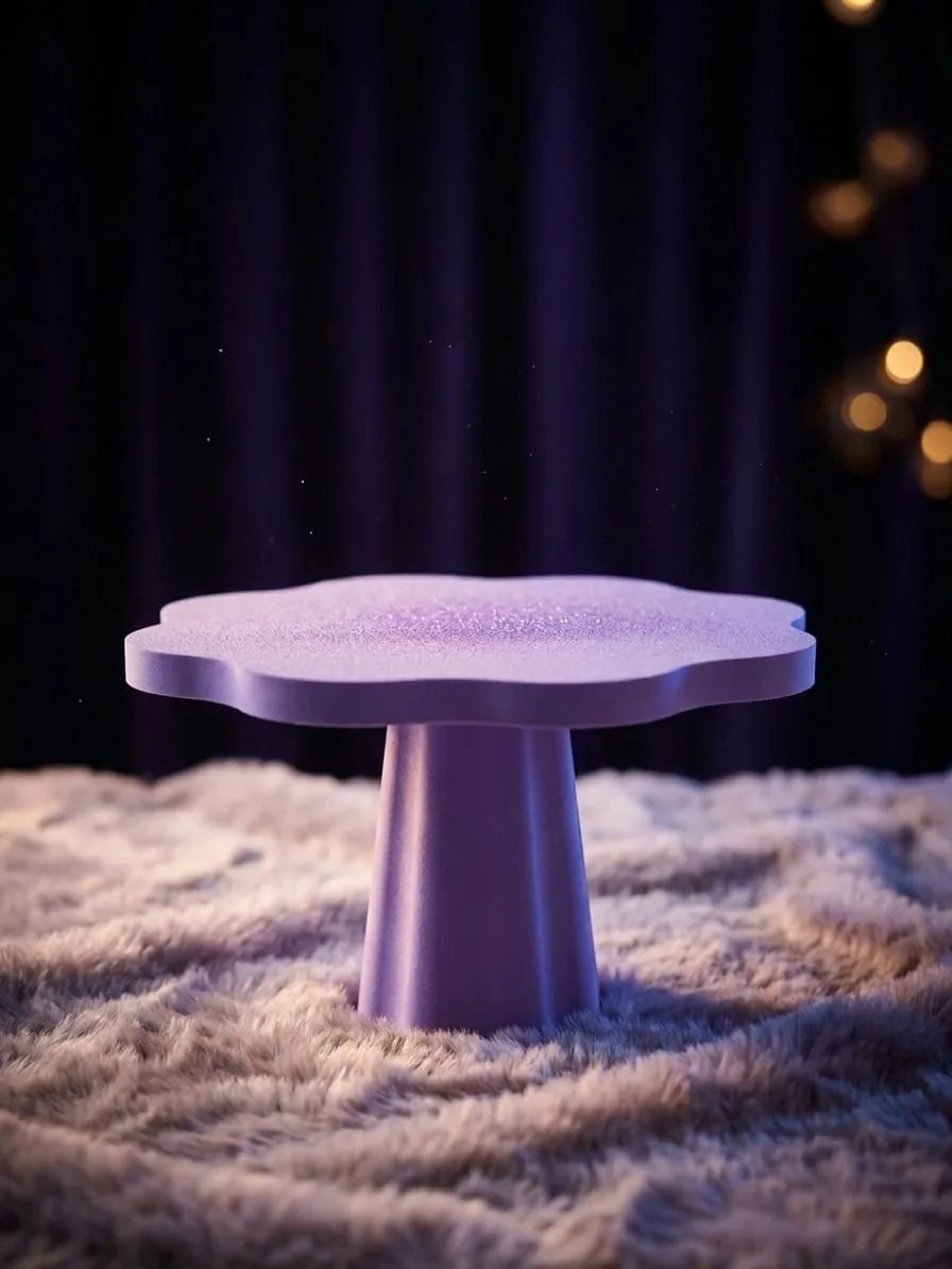 Base para tartas lila con tapa en forma de flor con brillantina y pedestal cónico
