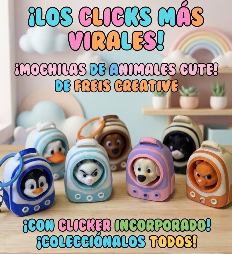 Colección de llaveros clicker con forma de mini mochila transportín en varios colores, con pingüino, gatitos, perritos y patito asomando