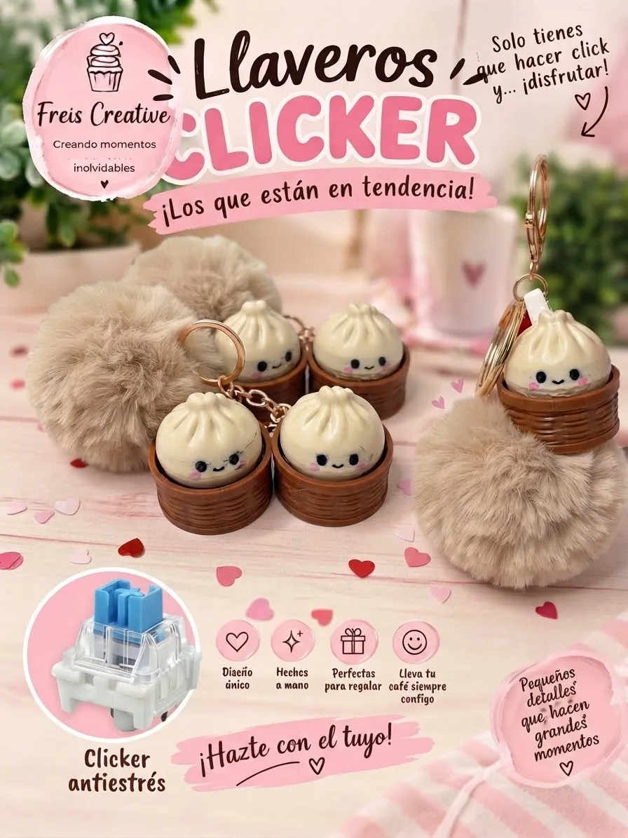 Llaveros clicker con forma de bollito de vapor kawaii en cestita de bambú y pompón de pelo a juego