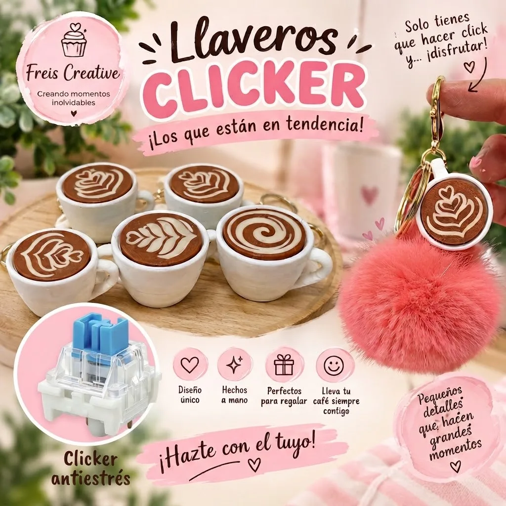 Llaveros clicker con forma de taza de café con diseño de latte art y pompón de pelo rosa