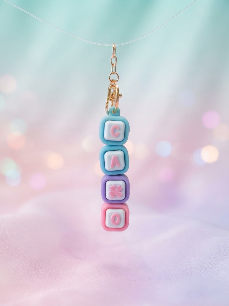 Llavero clicker de cubos en azul, lila y rosa pastel con las letras C, A y O y un icono de trébol, con cadena y mosquetón dorados