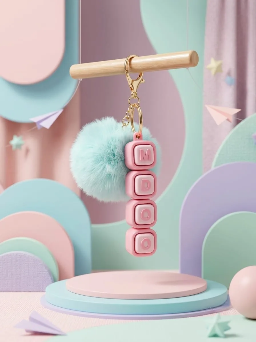 Llavero clicker de cubos en rosa pastel personalizado con letras y pompón de pelo menta