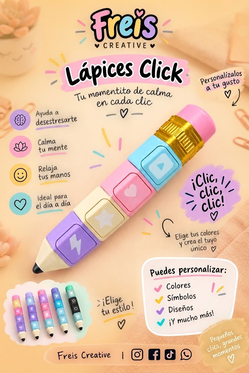 Lápiz clicker con cubos en lila, crema, rosa y azul pastel con símbolos de rayo, estrella, corazón y play, junto a cinco modelos en otros colores