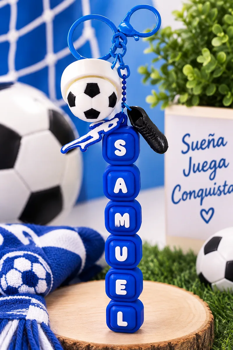 Llavero clicker temático de fútbol con el nombre Samuel en cubos azules y charms de balón y bota