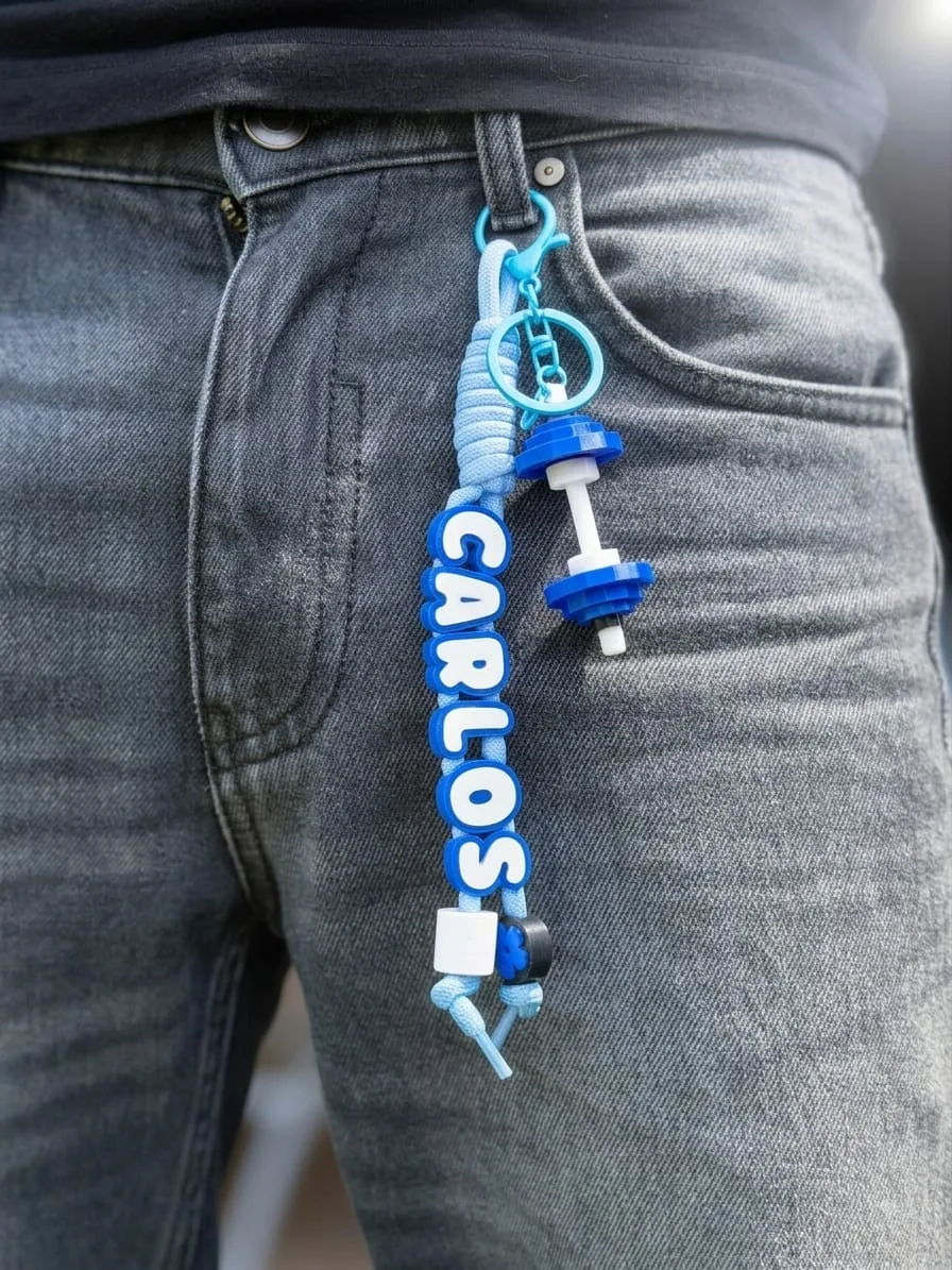 Llavero de cordón trenzado azul con el nombre Carlos en letras y charm de mancuerna