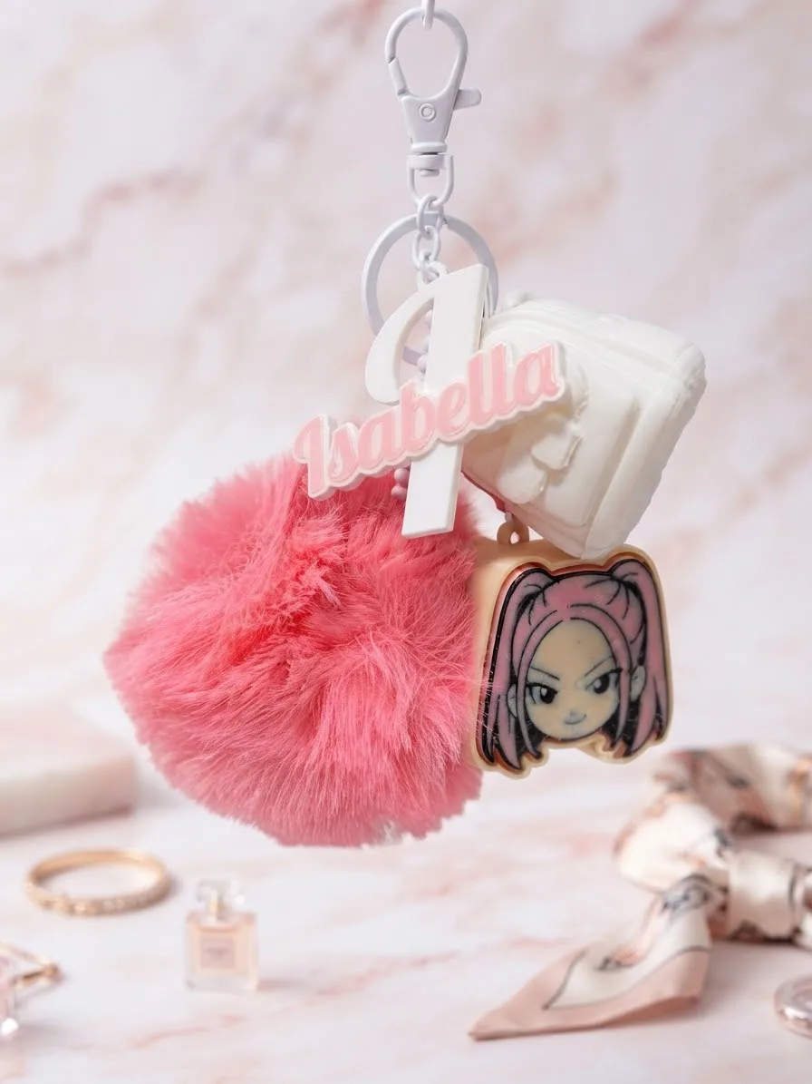 Llavero personalizado con el nombre Isabella, pompón rosa, charm de maleta y charm de personaje con el pelo rosa
