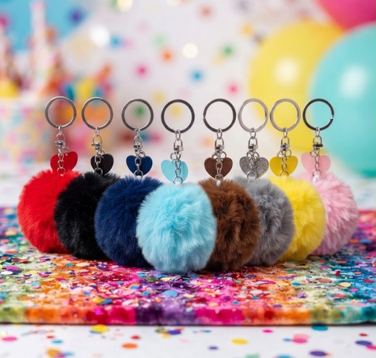 Ocho llaveros de pompón de pelo en rojo, negro, azul marino, azul cielo, marrón, gris, amarillo y rosa, cada uno con colgante de corazón a juego