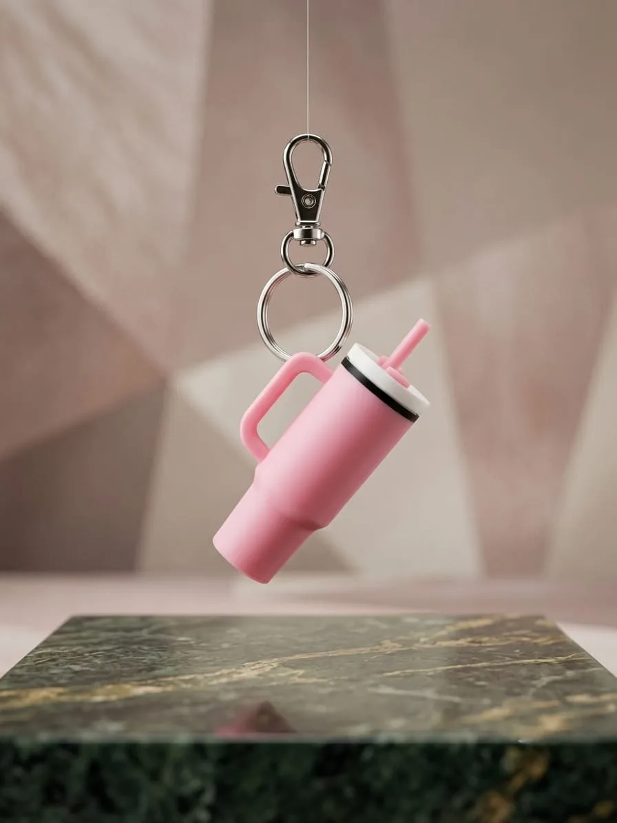 Llavero miniatura rosa con forma de vaso térmico con asa y pajita