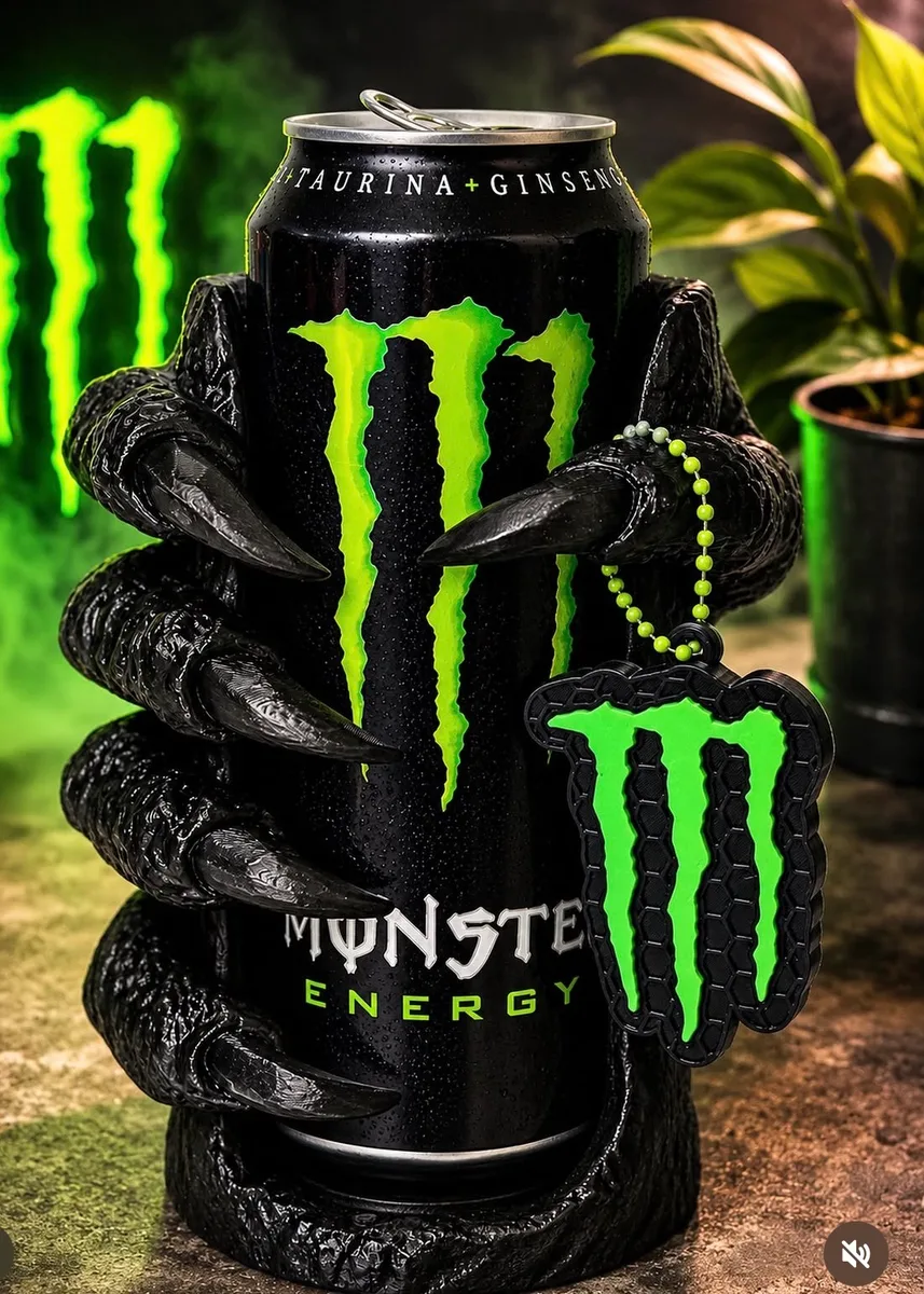 Portalatas negro con forma de garra de demonio sujetando una lata de bebida energética, con colgante a juego
